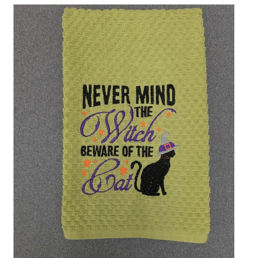 Never Mind the Witch Beware of The Cat Halloween Fall Kitchen Bar Hand Tea Towel